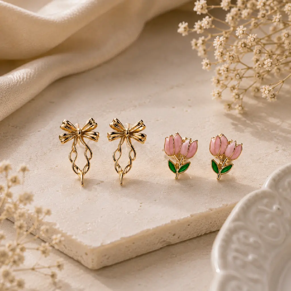 Pink Tuliop & Golden Bow Earring