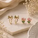 Pink Tuliop & Golden Bow Earring